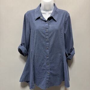 Simply Noelle Button Front 100% Cotton Blouse Tunic Women L/XL Roll Tab Blue